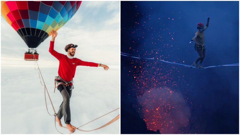 Slackliner Breaks 2 World Records by Walking Above a Volcano and the Clouds